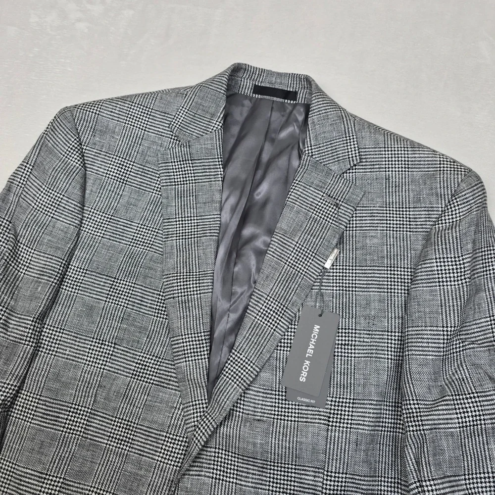 Michael‎ Kors Linen Sport Coat Mens 41R Large Black White Plaid Classic Fit NEW